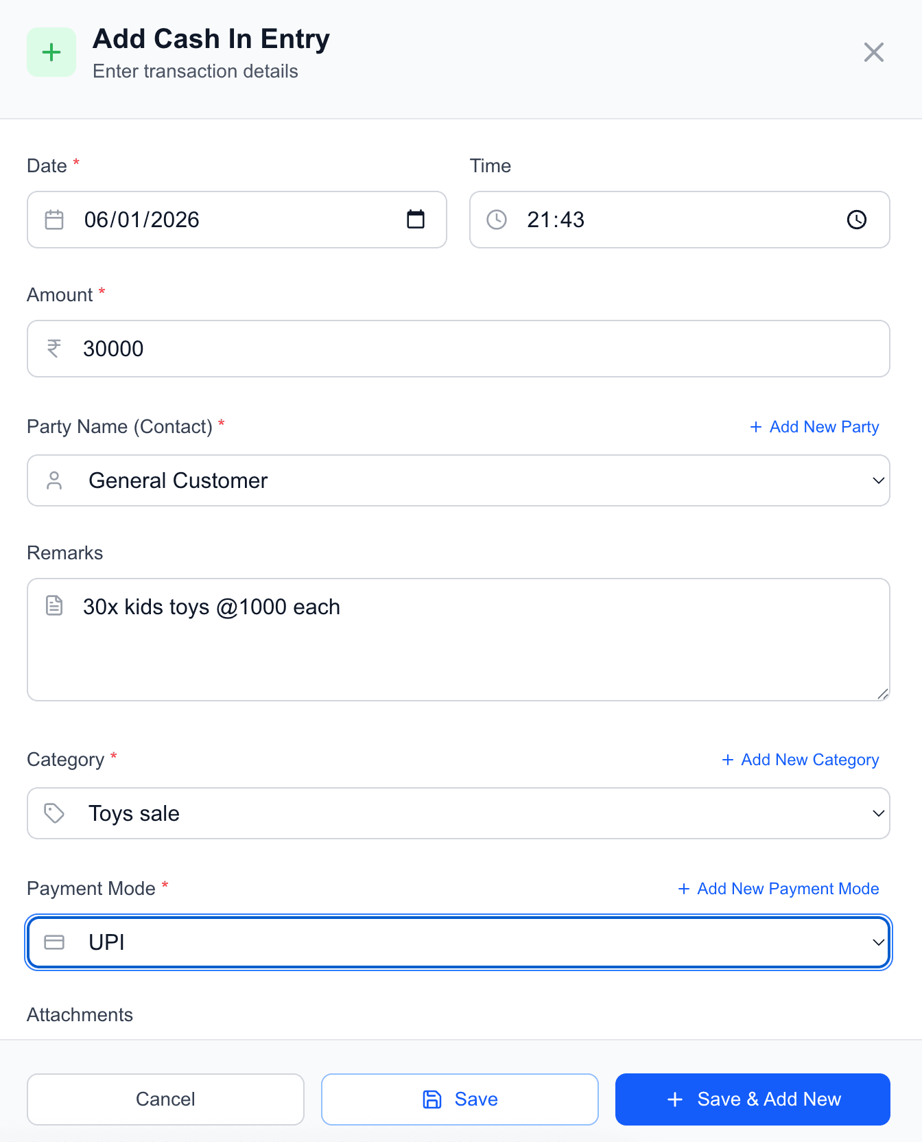Add Cash In Entry form with date, time, amount, party name, remarks, category, and payment mode fields