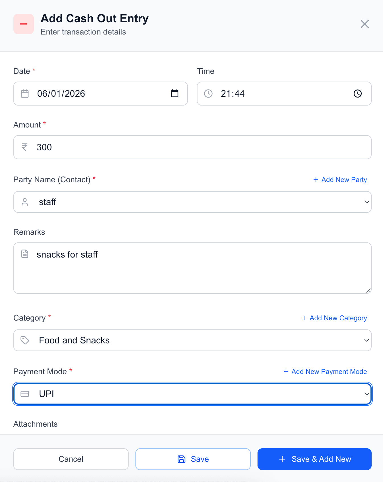 Add Cash Out Entry form for recording expenses with date, time, amount, party name, remarks, category, and payment mode